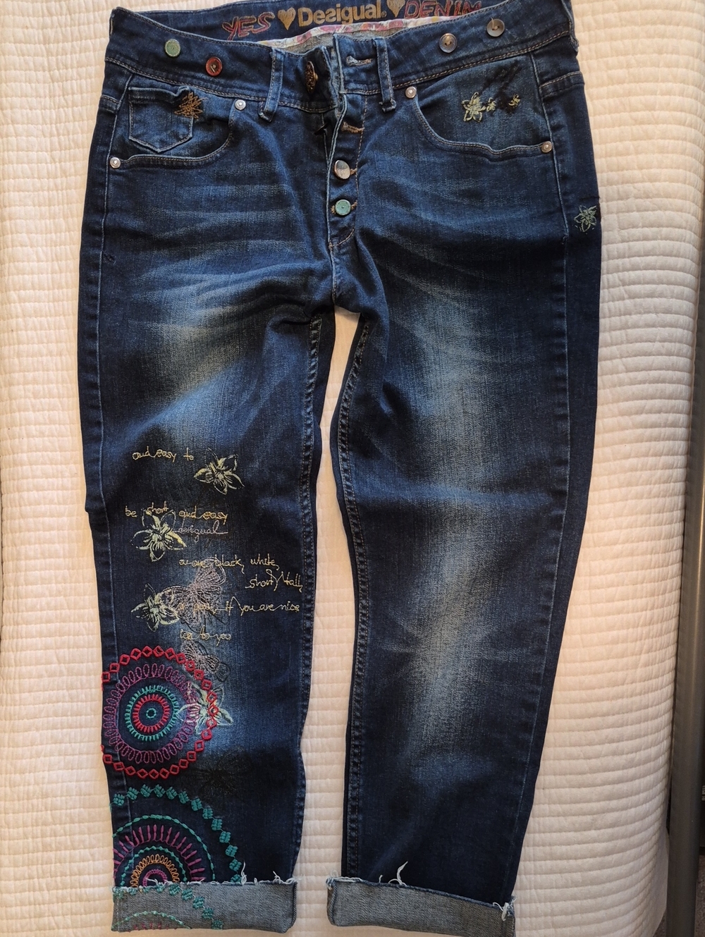 Desigual Dark Blue Embroidered Cropped Jeans with Colorful Mandala Accents